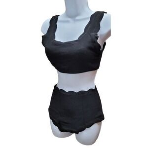 Black Scalloped Lace Up High Waisted Two Piece Bikini Swimsuit Set